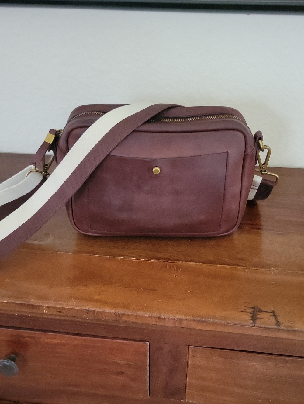 Madewell Rich Burgundy Leather Camera Crossbody with Cream-Striped Strap